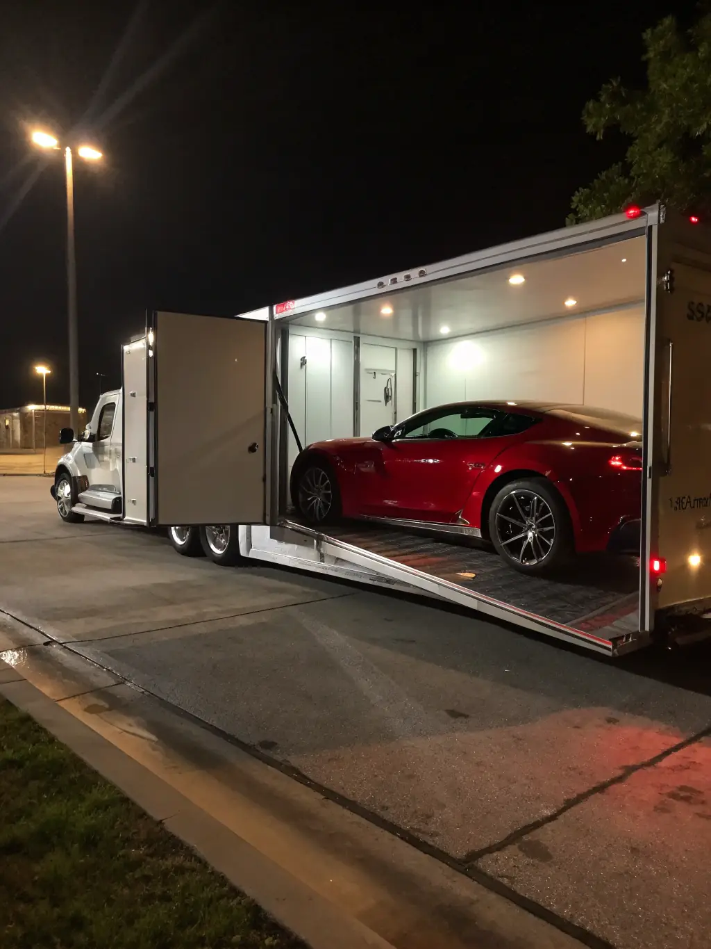 A professional photo of a luxury car being transported in a secure, enclosed trailer, emphasizing the care and security EliteToyzauto provides during transport.