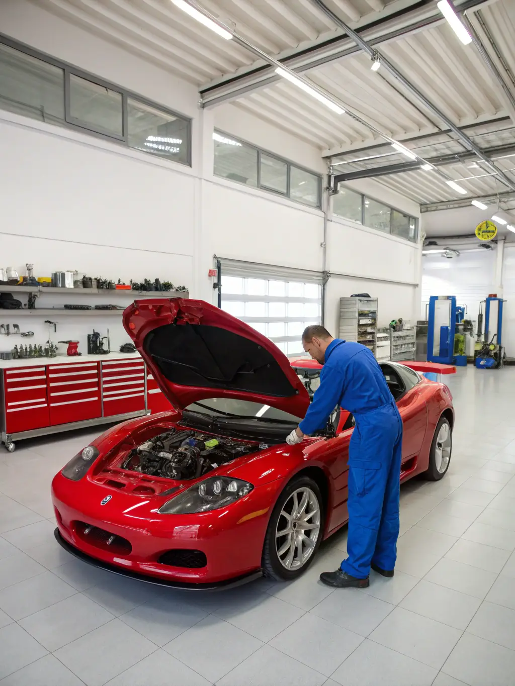 A photograph of a classic Ferrari being meticulously inspected by a mechanic in a pristine garage, highlighting the attention to detail in EliteToyzauto's acquisition process.